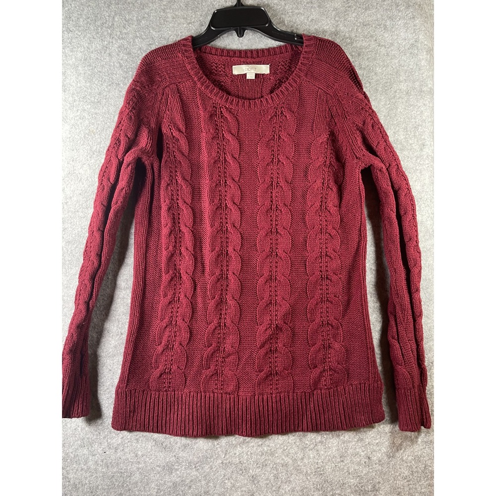 LOFT Womens Burgundy Cable Knit Crew Neck Sweater Size Medium Red Wine Raglan